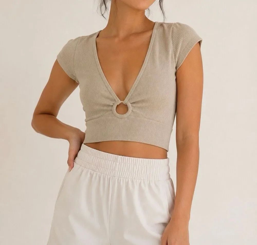 Aerie Ribbed O Ring Cutout Crop Top Beige Short Sleeve Size M